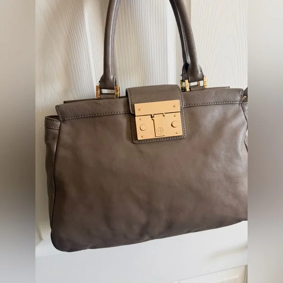 Tory Burch Taupe Leather Satchel with Gold Clasp - Picture 5 of 16